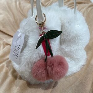 Elegant White Faux Fur Bag with Pink Pom Poms